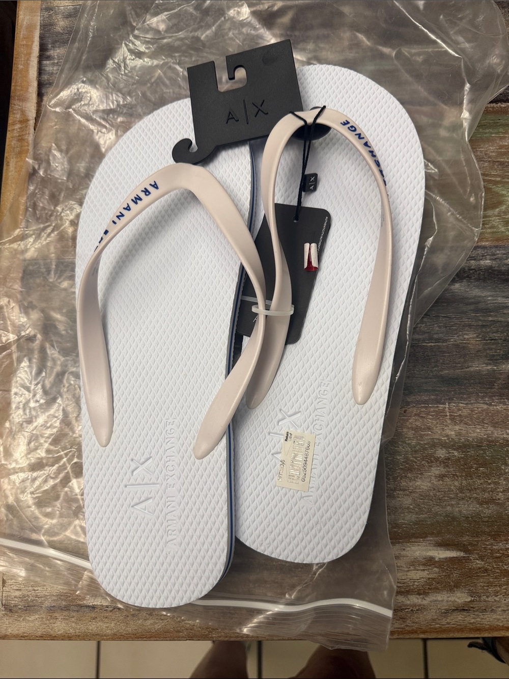 Armani Exchange White Flip Flops with Cream Straps and Navy Logo